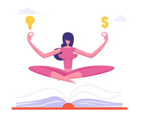 Office Worker Meditating with Dollar Sign and Light Bulb. Relaxed Businesswoman in Lotus Position Doing Yoga at Workplace Soaring over Huge Book. Calm Employee Break. Cartoon Flat Vector Illustration