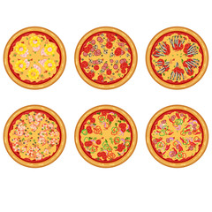 Vector pizza isolated, havaii, capricciosa, neapolitan, seafood , pepperoni, vegetariana.