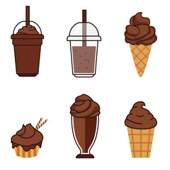 Set flet chocolate desserts and drinks. Cupcake, milkshakes, ice cream and hot chocolate. © Roman