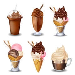 Set of  ice cream, hot chocolate, milk shake. On white background