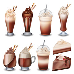set of chocolate desserts and drinks. cheesecake, milkshakes, ice cream and hot chocolate. on white background.