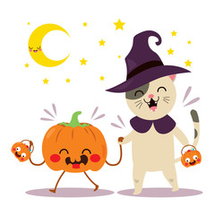 Happy friends pumpkin and cat walking trick or treat on Halloween night