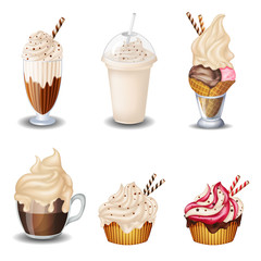 set of vanilla desserts and drinks. Cupcake, milkshakes, ice cream. on white background.
