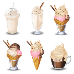 set of vanilla desserts and drinks. Cupcake, milkshakes, ice cream. on white background.