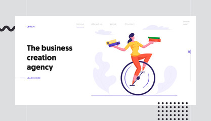 Company Employee Loaded with Hard Work in Office Website Landing Page. Business Woman Riding Monowheel Holding Piles of Paper Documents, Deadline Web Page Banner. Cartoon Flat Vector Illustration, © Anna Syvak