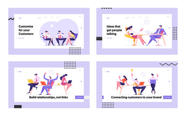 Business People Team Sitting in Office Communicating Discussing Working Project, Teamwork Group Creative Idea Development Website Landing Page Set, Web Page Banner. Cartoon Flat Vector Illustration