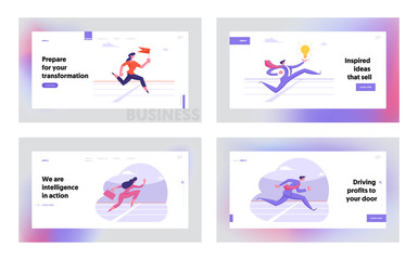 Leadership Creative Idea Competition Website Landing Page Set. Successful Business People Running on Stadium. Leader Crossing Finishing Line on Track Web Page Banner. Cartoon Flat Vector Illustration