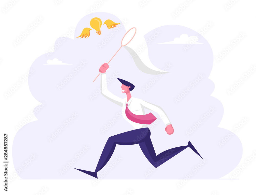 Poster businessman chasing flying light bulb trying to catch it with butterfly net. business man searching 
