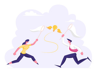 Obraz premium Businessman and Businesswoman Chasing Flying Light Bulb Trying to Catch it with Butterfly Net. Inspiration Creative Idea Financial Success Business Opportunity Wealth. Cartoon Flat Vector Illustration