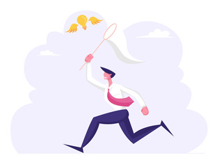Businessman Chasing Flying Light Bulb Trying to Catch it with Butterfly Net. Business Man Searching Inspiration Creative Idea, Financial Success Opportunity Wealth. Cartoon Flat Vector Illustration