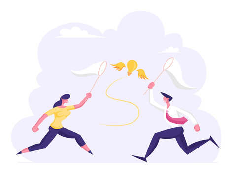 Businessman and Businesswoman Chasing Flying Light Bulb Trying to Catch it with Butterfly Net. Inspiration Creative Idea Financial Success Business Opportunity Wealth. Cartoon Flat Vector Illustration