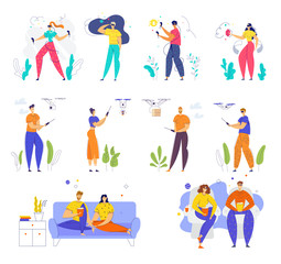 Fototapeta na wymiar Set of Male and Female Characters Wearing Vr Glasses, Playing with Quadcopter, Visiting Cinema and Watching Tv at Home, Happy People Leisure Hobby Entertainment Relax Cartoon Flat Vector Illustration