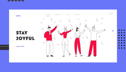 Happy Friends or Colleagues Team Celebrating Party Holiday Website Landing Page. People Hold Champagne Glasses in Hand with Decoration Confetti Web Page Banner. Linear Cartoon Flat Vector Illustration