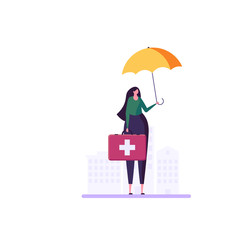 Concept of health insurance and life insurance. Protection of health and life of people with document of insurance. Healthcare and medical service. Vector illustration in flat cartoon design