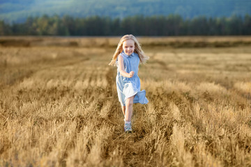 Naklejka na ściany i meble A little blonde girl is runing in a wheat field in summer.