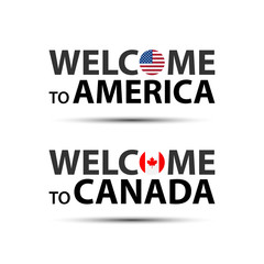 Welcome to America, USA and welcome to Canada symbols with flags, simple modern American and Canadian icons isolated on white background