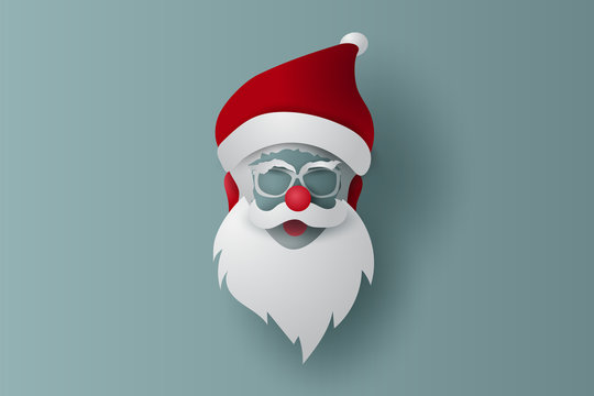 Merry Christmas and Happy New Year mask on isolate Background. Santa Claus hipster beard and glasses with card.Vintage banner minimal poster design for xmas. Creative paper cut and craft style.vector.
