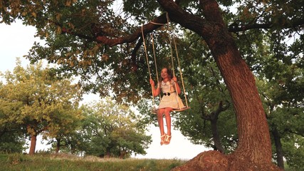 child rides rope swing on an oak branch in the park the sunset. girl laughs, rejoices. young girl swinging on swing under a tree in sun, playing with children. Family fun in nature.