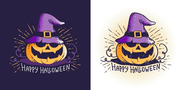 Halloween pumpkin in a magic hat that says happy Halloween. Vector vintage illustration. Worn texture on a separate layer.