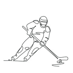 Hockey player one line drawing on white isolated background. Vector illustration