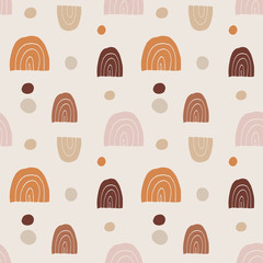 Trendy hand drawn seamless pattern with doodle rainbows and dot circles. Retro abstract geometric design. Repeating tile for branding, fabric, textile, wallpapers. Cute vector illustration background. © tabitazn