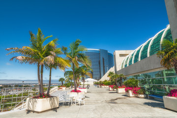  San Diego Marina District. Marina Harbor, Promenade and Convention Center. Beautiful Sunny Day, Clear Blue Sky Background