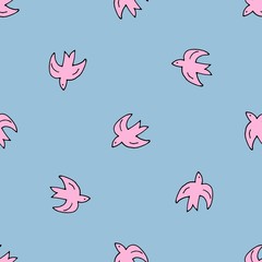 Cute shabby seamless blue background with birds pattern . Seamless design