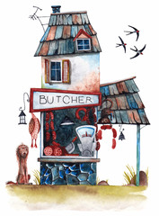 Butcher's house. A showcase with sausages and those who wish to eat. Watercolor drawing.