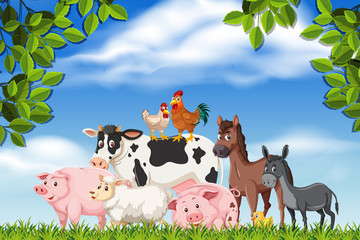 Farm animals in nature scene