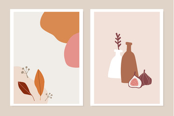 Fototapeta na wymiar Trendy set of fall greeting cards, invitations. Fig fruit, colorful autumn leaves and vase. Abstract geometric shapes. Modern minimalist drawings, wall art, posters. Flat vector illustrations.