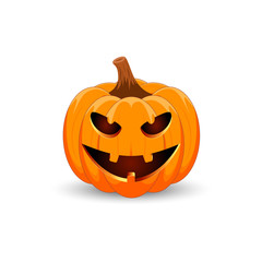 Pumpkin on white background. The main symbol of the Happy Halloween holiday. Orange pumpkin with smile for your design for the holiday Halloween. Vector illustration.