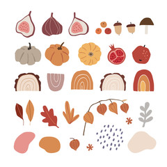 Set of modern abstract hand-drawn autumn elements. Apple, fig fruit, pumpkins, acorns, rainbows, physalis and geometric elements. Fall concept. Isolated natural flat vector illustrations, objects.
