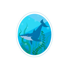 Vector illustration. Cute cartoon a whale in circle frame. Nursery wall art. Poster, sticker,  postcard, clothes.