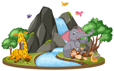 Background scene of elephant and giraffe by waterfall
