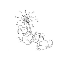 Cute two  mouse with a dandelionl. Colorful hand-drawn vector illustration for your design, nursery decor, prints, childish background, T-shirt.