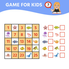 Obraz premium Educational children game of logical thinking, visual perception of children. Sudoku for kids with colorful Marine life. Worksheet