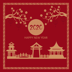 Happy Chinese New Year 2020 year with red lantern  on red background with gold border for greeting cards, banner, web.