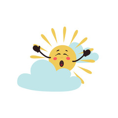 Cute the sun rises. Good morning. Emotions. Vector illustrations can use for cards, fridge magnets, stickers, posters, funny print, interior design.