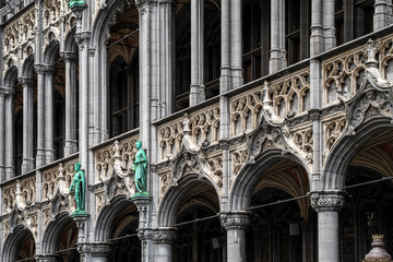 Architecture exterior details on central square near town hall in old town city of Brussels, Belgium