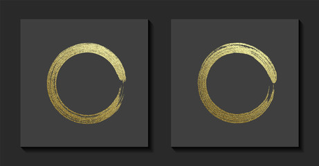 Round grunge golden frame on a gray background. Circle luxury vintage border, Label, logo design element. Hand drawn shape vector Illustration. Gold Brush abstract wave