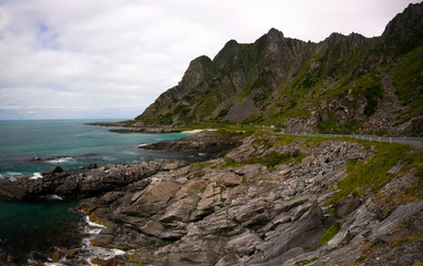 Fototapeta na wymiar Landscape with coastline ov Andoya island near Stave village, vesteralen, Norway