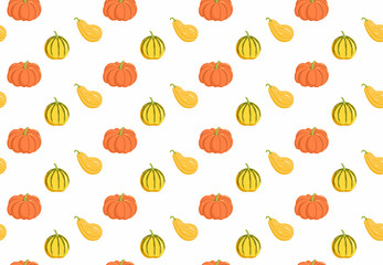 Seamless background with yellow and orange ripe pumpkins. Template for Halloween harvest. Printing on fabric, packaging, wrappers.