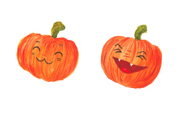 watercolor illustration of smiling orange pumpkins