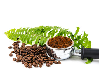 ground coffee on  filled with coffee bean on white background