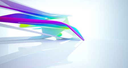 Abstract smooth architectural white interior with color gradient of a minimalist house with large windows. 3D illustration and rendering.