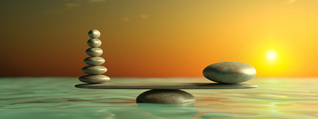 Panele Szklane  Kamienie Zen rzędów od dużych do małych w wodzie z błękitnym niebem. ilustracja 3d