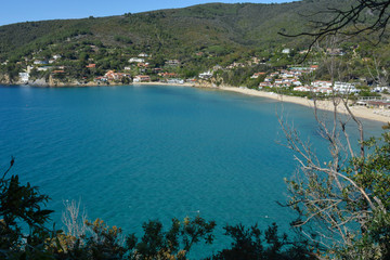 Veduta aerea della spiaggia della Biodola, isola d'Elba, Toscana, Italia