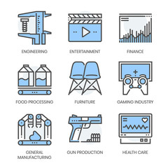 Industry related related, square line  color vector icon set for applications and website development. The icon set is pixelperfect with 64x64 grid. Crafted with precision and eye for quality.