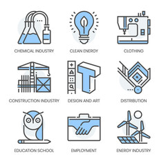 Fototapeta premium Industry related related, square line color vector icon set for applications and website development. The icon set is pixelperfect with 64x64 grid. Crafted with precision and eye for quality.