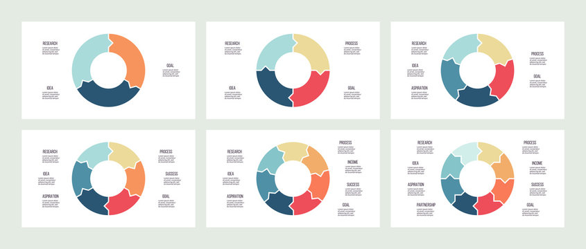 Business infographics. Circles with 3, 4, 5, 6, 7, 8 parts, arrows. Vector templates.